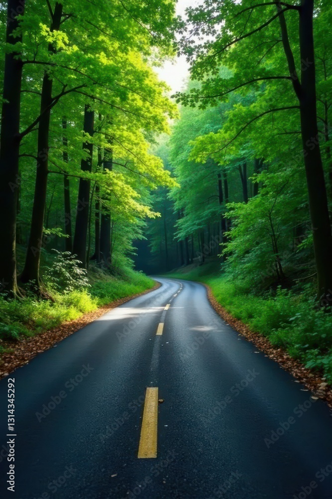 Narrow asphalt road curves through dense forest , adventure, dense, dark Narrow asphalt road curves through dense forest , adventure, dense, dark