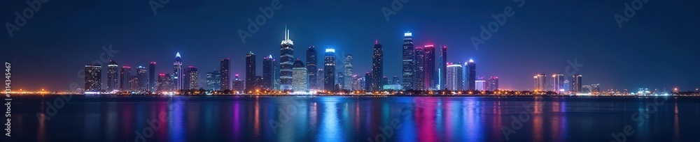Fototapeta premium Night skyline, Doha skyscrapers reflected in Arabian Gulf, traditional dhow , reflection, traditional, tourism