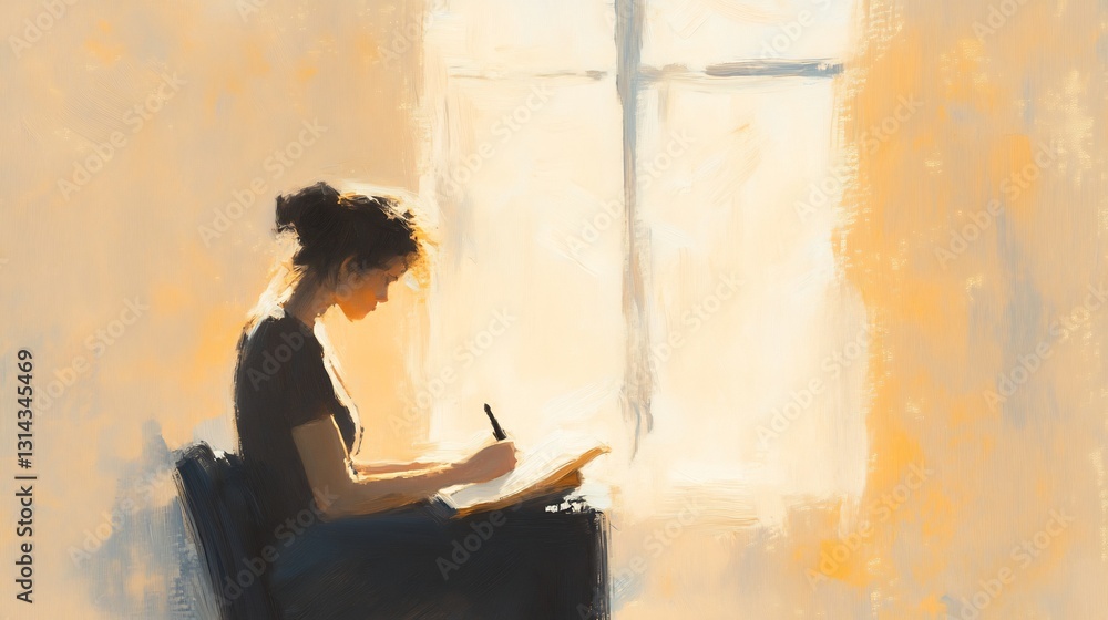 Obraz premium woman writing in journal by sunlit window, soft golden tones, pastel cream background