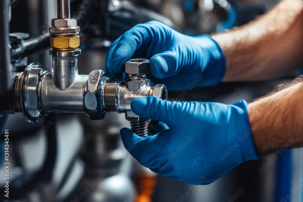 Expert plumber repairing water pipe with blue gloved worker in factory setting close up focus Expert plumber repairing water pipe with blue gloved worker in factory setting close up focus
