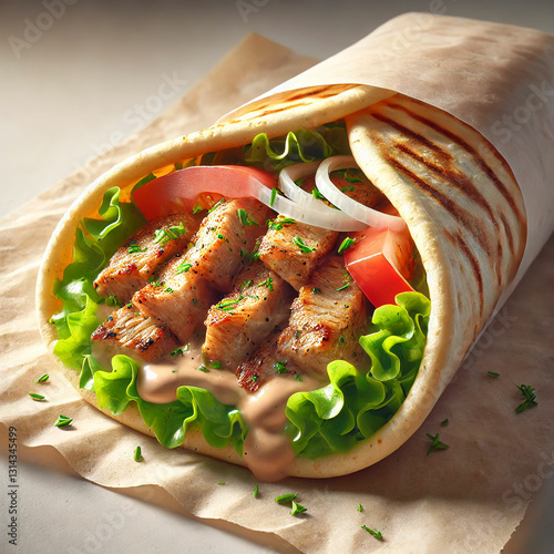 Delicious Chicken Shawarma Wrap with Fresh Vegetables and Sauce