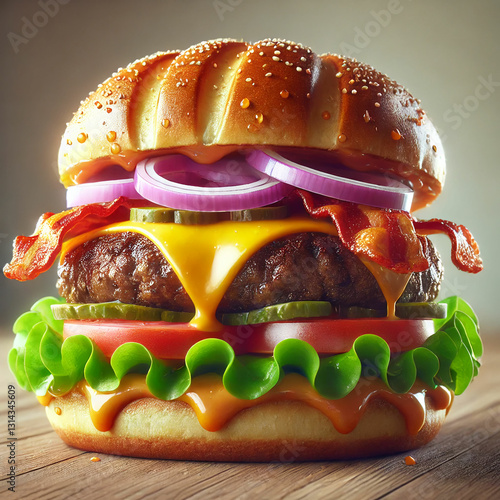 A mouthwatering gourmet burger. The burger features a toasted sesame seed bun, a thick and juicy beef patty, melted cheese, bacon, onion, salat