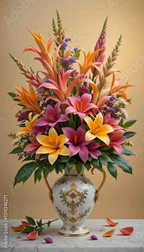 Beautiful flower arrangement in a decorative vase with vibrant colors displayed on a soft background