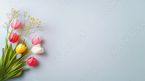 Bouquet of flowers with a blue background. The flowers are pink, yellow, and white