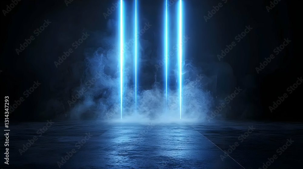 Obraz premium Three Vertical Blue Neon Lights Illuminate Dark Concrete Floor With Smoke And Reflections in Empty Urban Space for Dramatic Atmospheric Background