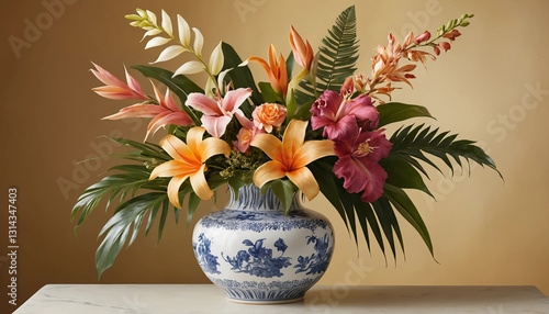 Beautiful floral arrangement in blue and white vase with vibrant flowers