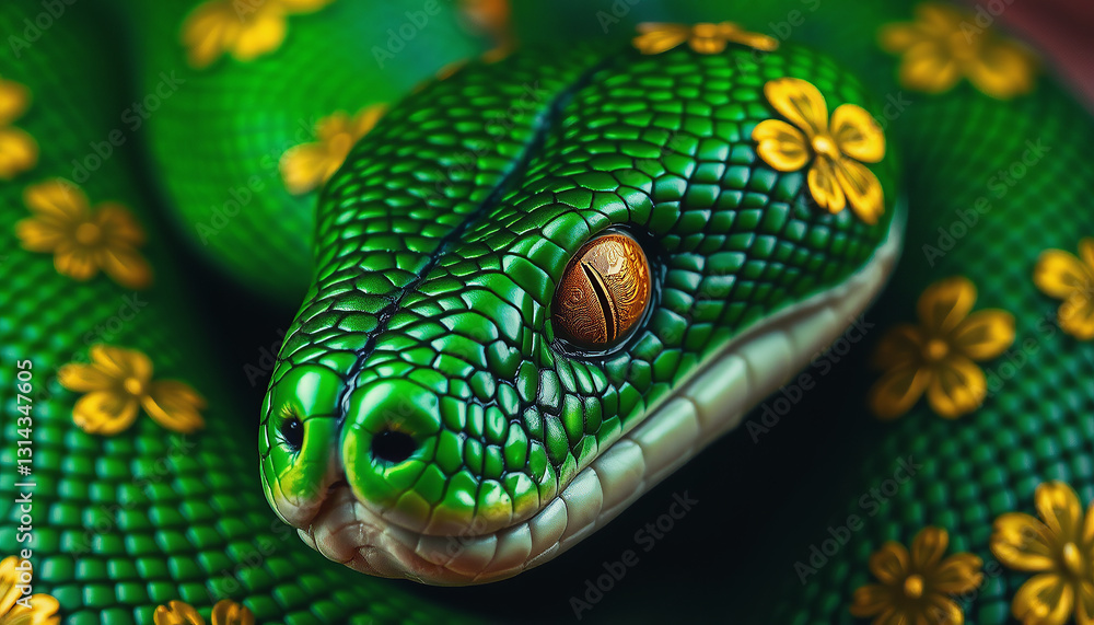 Obraz premium Bright Green Snake With Golden Floral Patterns Basking in Soft Light