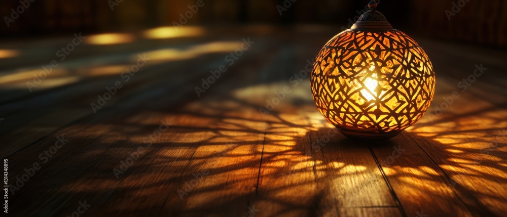 Obraz premium Ornate Moroccan lantern casting intricate shadows on a wooden floor, creating a warm and inviting atmosphere with its ambient light Concept of Ramadan, decoration, and culture