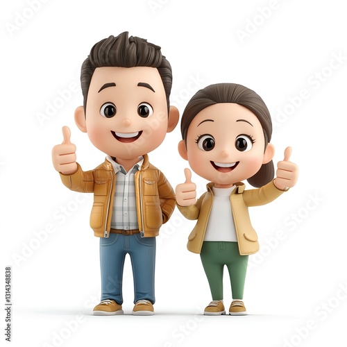 Cartoon Couple Giving Thumbs Up Against White Background
