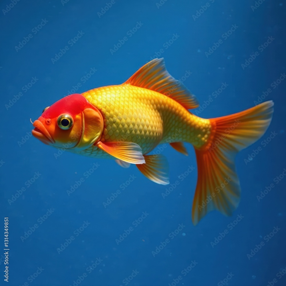 Shiny goldfish, iridescent scales, blue studio shot, vibrant, fantasy Shiny goldfish, iridescent scales, blue studio shot, vibrant, fantasy