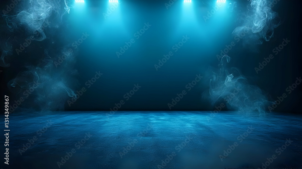 Fototapeta premium Dark Blue Illuminated Stage Background With Spotlight Beams And Glitter Texture Floor Perfect For Product Presentation Or Event Backdrop