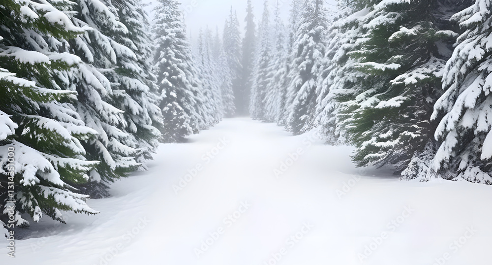 Obraz premium A crisp white snowfall blanketing an evergreen forest. Serene, untouched, and magical