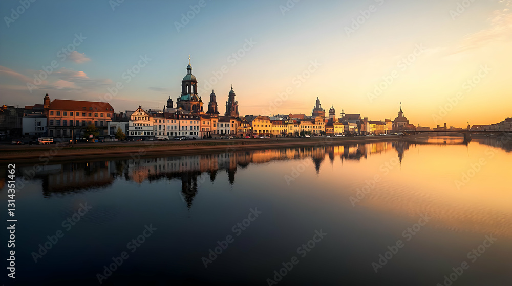 Panoramic Golden Hour View of Dresden Cityscape Reflected in the Elbe River During Sunset in Saxony Germany Panoramic Golden Hour View of Dresden Cityscape Reflected in the Elbe River During Sunset in Saxony Germany