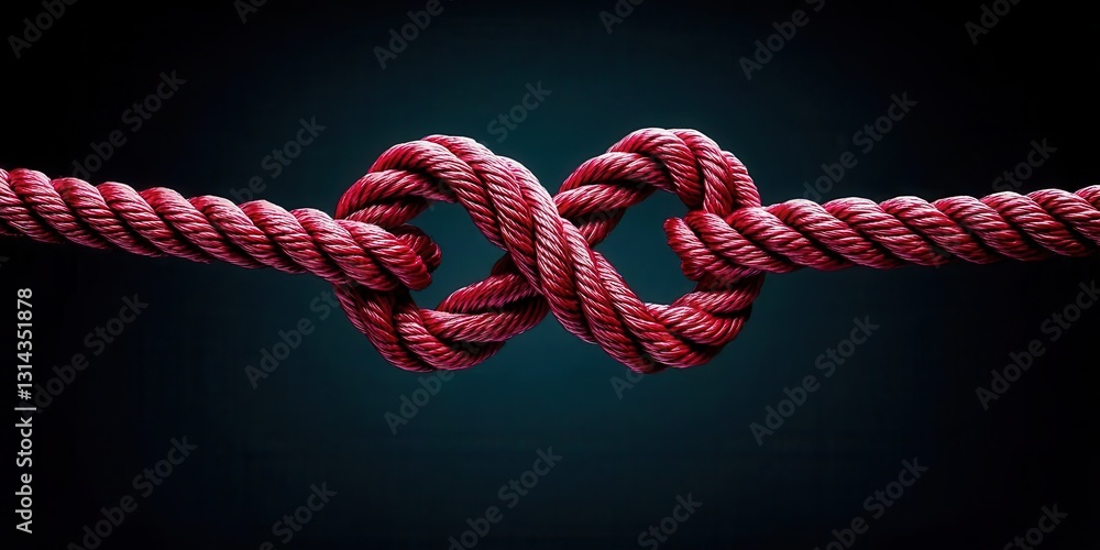 Diverse group unity and mutual support. Red rope tied in a decorative knot against a dark background. Diverse group unity and mutual support. Red rope tied in a decorative knot against a dark background.
