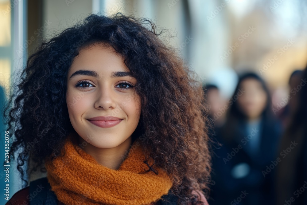 Cheerful multiracial woman posing for a portrait with peers on school campus, smiling brightly Cheerful multiracial woman posing for a portrait with peers on school campus, smiling brightly