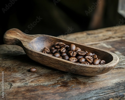 Roasted coffee beans in a rustic wooden scoop on a table