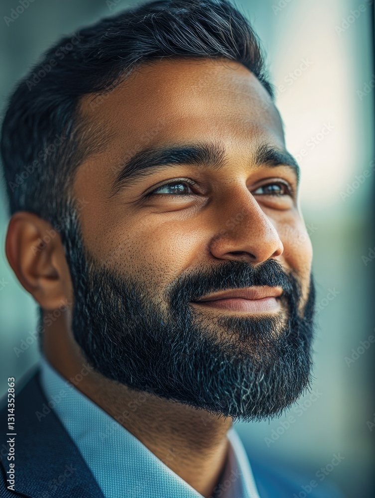 Obraz premium A smiling bearded man wearing a suit, with his hands clasped together and looking directly at the camera.