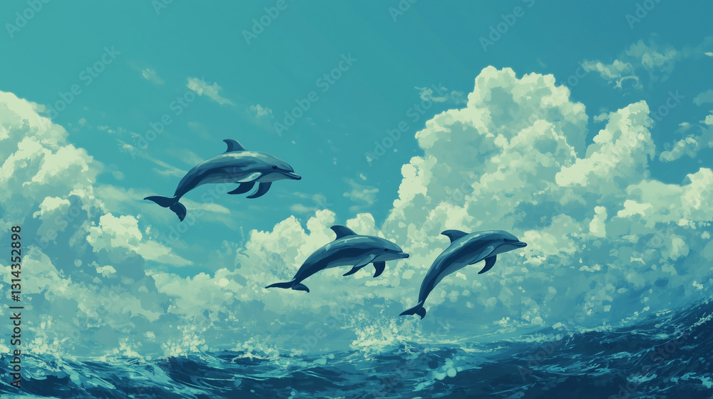 Fototapeta premium Beautiful bottlenose dolphins jumping out of sea with clear blue water on sunny day