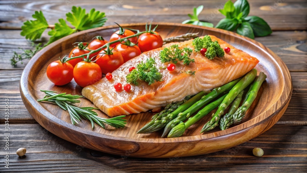 Fresh baked salmon fillet with asparagus and cherry tomatoes garnished with fragrant herbs like parsley and dill on a elegant wooden plate , asparagus, seafood Fresh baked salmon fillet with asparagus and cherry tomatoes garnished with fragrant herbs like parsley and dill on a elegant wooden plate , asparagus, seafood