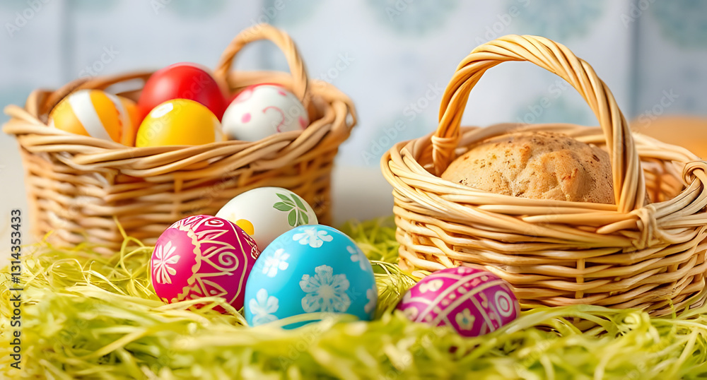Brightly painted eggs and woven baskets of sweet bread welcome the Orthodox Easter morning Brightly painted eggs and woven baskets of sweet bread welcome the Orthodox Easter morning