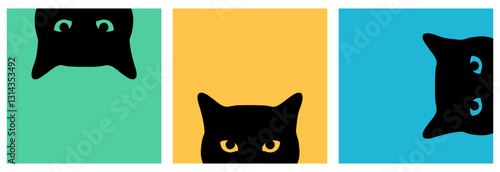 Peeking black cats with different eye colors set. Curious cats looking out. Cute black cat face. Vector illustration