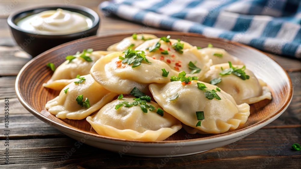 Traditional Polish Pierogi with Sour Cream, pierogi, sour cream, pierogi, sour cream, boiled potatoes Traditional Polish Pierogi with Sour Cream, pierogi, sour cream, pierogi, sour cream, boiled potatoes