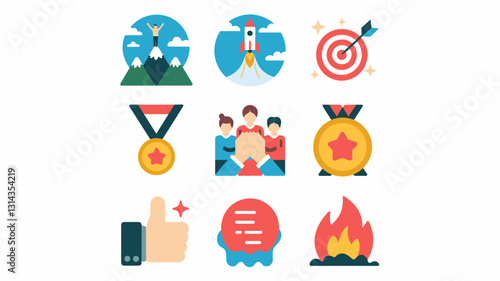 Vector Icon Set for Business Success, Achievement, Motivation, and Team Collaboration - Perfect for Marketing, Web Design, and Presentations