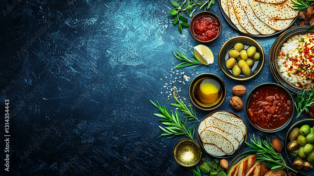 Celebrating Passover with a festive table of traditional dishes and vibrant colors Celebrating Passover with a festive table of traditional dishes and vibrant colors