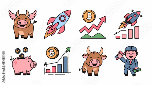 Vector Icons Set for Cryptocurrency, Stock Market, and Trading Graphics - Bitcoin, Bull, Bear, Rocket, Growth Charts, and Finance Symbols