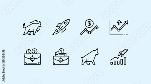 Stock Market Vector Icon Set: Bull Market, Rocket Launch, Dollar Symbol, Financial Growth, Investment Icons for Business Graphics and Presentations