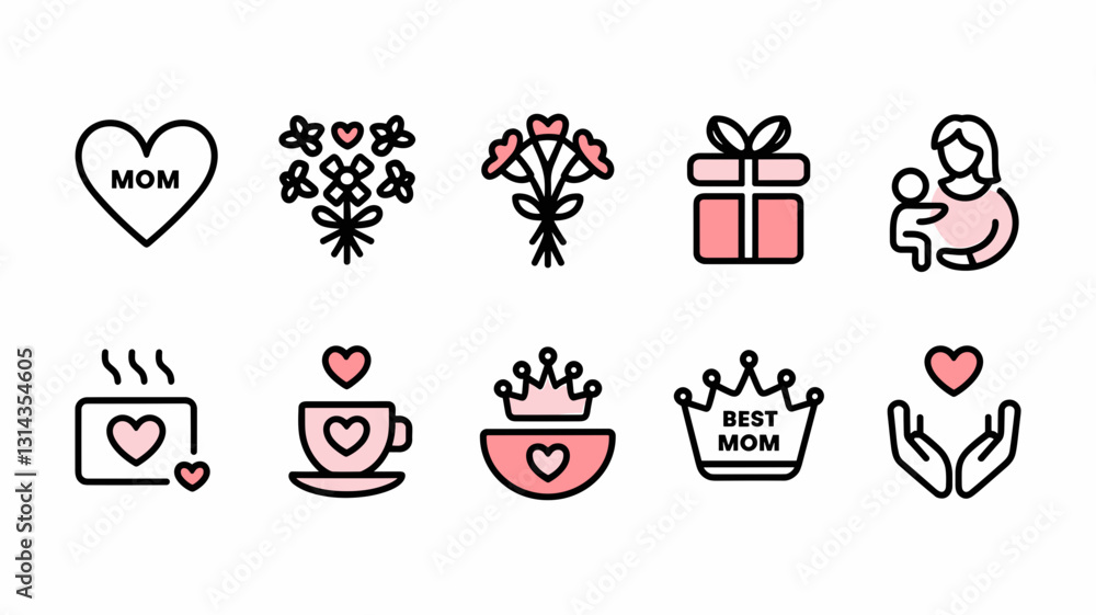 Mother's Day Vector Icon Set for Celebrating Moms: Heart, Flowers, Gifts, and Family Icons for Cards, Printables, and Graphic Design