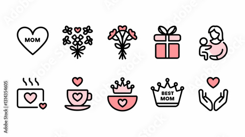 Mother's Day Vector Icon Set for Celebrating Moms: Heart, Flowers, Gifts, and Family Icons for Cards, Printables, and Graphic Design