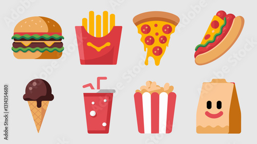 Fast Food Vector Icon Set: Hamburger, Pizza, Fries, Ice Cream, and More for Restaurant Menus, Food Blogs, and Culinary Designs