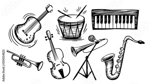 Vector Icon Set of Musical Instruments: Guitar, Drums, Piano, Trumpet, Violin, Saxophone, and Microphone Illustrations for Creative Projects