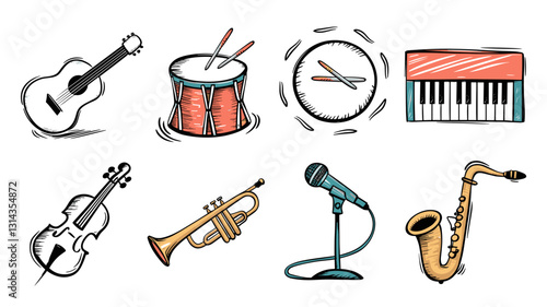 Vector Icon Set of Musical Instruments, Including Guitar, Violin, Drum, Microphone, Trumpet, Piano, Saxophone, and Music Clock for Creative Projects