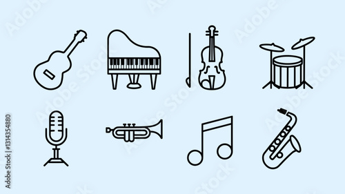 Music Vector Icon Set: Guitar, Piano, Violin, Drums, Microphone, Trumpet, Notes, Saxophone - Perfect for Music Projects and Creative Designs