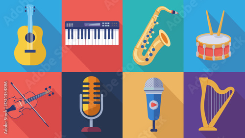 Music Icons Vector Set - Guitar, Piano, Saxophone, Drum, Violin, Microphone, Harp for Music Apps, Websites, and Creative Projects