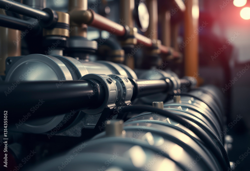Hydraulic pipes connect and operate heavy machinery, highlighting precision engineering in an industrial facility during daylight hours. Hydraulic pipes connect and operate heavy machinery, highlighting precision engineering in an industrial facility during daylight hours.