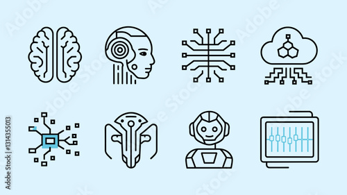 Vector Icon Set for AI, Technology, and Robotics - Brain, Circuit, Robot, Cloud Icons for Digital, Web, and Graphic Design Projects