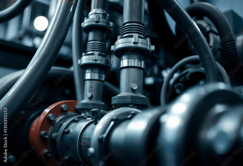 Hydraulic pipes connect and operate heavy machinery, highlighting precision engineering in an industrial facility during daylight hours. Hydraulic pipes connect and operate heavy machinery, highlighting precision engineering in an industrial facility during daylight hours.