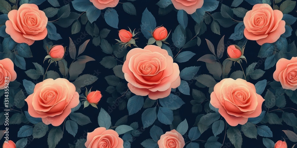 Seamless Floral Pattern of Pink and Red Roses with Green Foliage on Dark Background Vintage Wallpaper Design Seamless Floral Pattern of Pink and Red Roses with Green Foliage on Dark Background Vintage Wallpaper Design