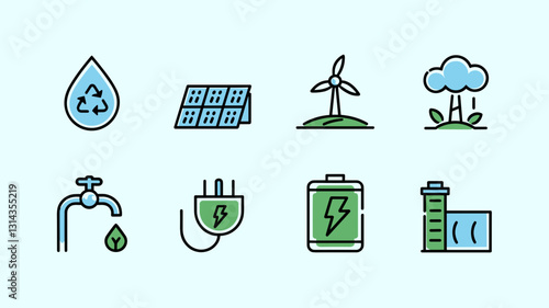 Vector Icon Set for Renewable Energy, Water Conservation, and Sustainable Resources, Featuring Solar, Wind, and Eco-Friendly Designs
