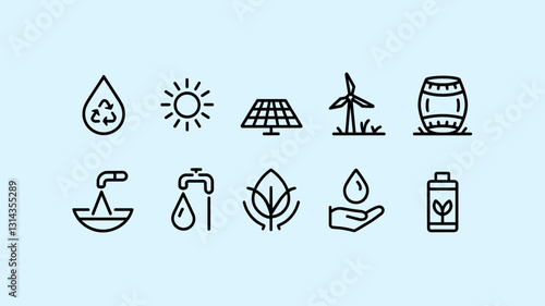 Eco-Friendly Vector Icon Set for Sustainability, Water Conservation, Renewable Energy, Solar Power, Recycling, and Organic Farming Designs