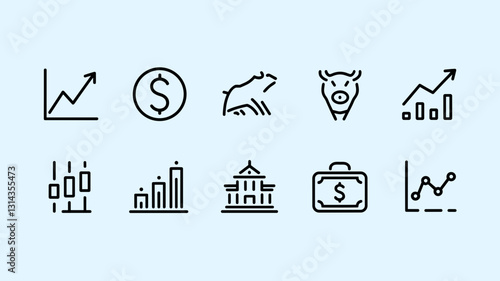 Vector Icon Set for Financial Growth, Stock Market Trends, Currency Symbols, and Trading Analytics - Ideal for Business and Finance Projects