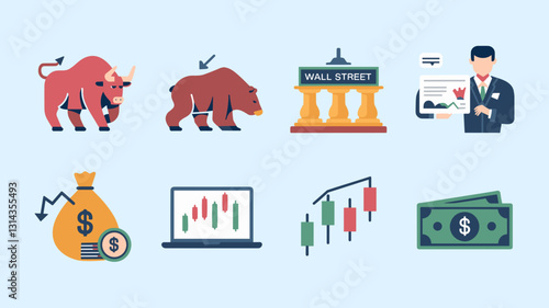 Vector Icon Set for Stock Market, Bull and Bear Trading, Financial Growth, Investment Charts, Wall Street Symbols, and Currency Graphics