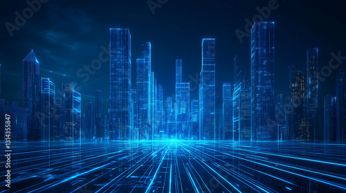 
An abstract cityscape illustration showcasing a vibrant blue digital skyline, featuring glowing lines and light trails. Perfect for technology themes, this artwork represents modern urban development