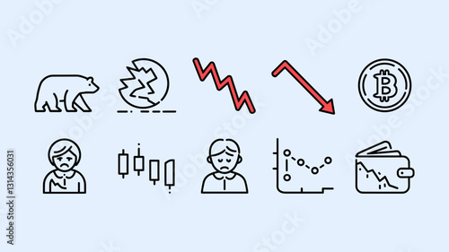 Vector Icon Set for Cryptocurrency Trends, Market Analysis, Bear Market Symbols, Trading Graphs, and Financial Indicators