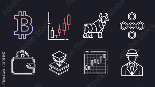 Vector Icon Set for Cryptocurrency, Stock Market, Trading, Bitcoin, Investment, Bull Market, Blockchain, Finance, and Digital Currency Graphics