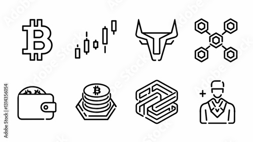 Cryptocurrency Vector Icon Set Featuring Bitcoin, Wallets, Bull Market, and Blockchain Symbols for Financial and Digital Asset Illustrations