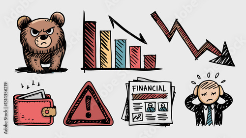 Bear Market Vector Icon Set: Financial Crisis, Investment Loss, Wallet Warnings, Graph Trends, Business Icons for Finance and Economics Projects